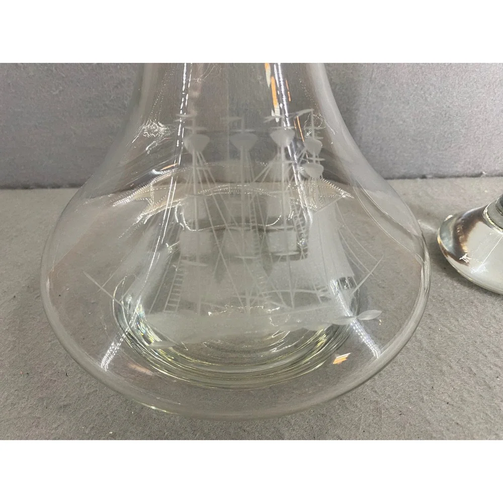 Etched Glass Ship Decanter Nautical Tall Sailing Ship‎ Barware with Stopper